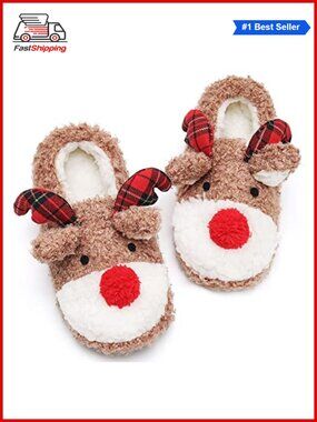 🎅 Fuzzy Reindeer House Slippers Stuffed Animal Cozy Christmas Indoor